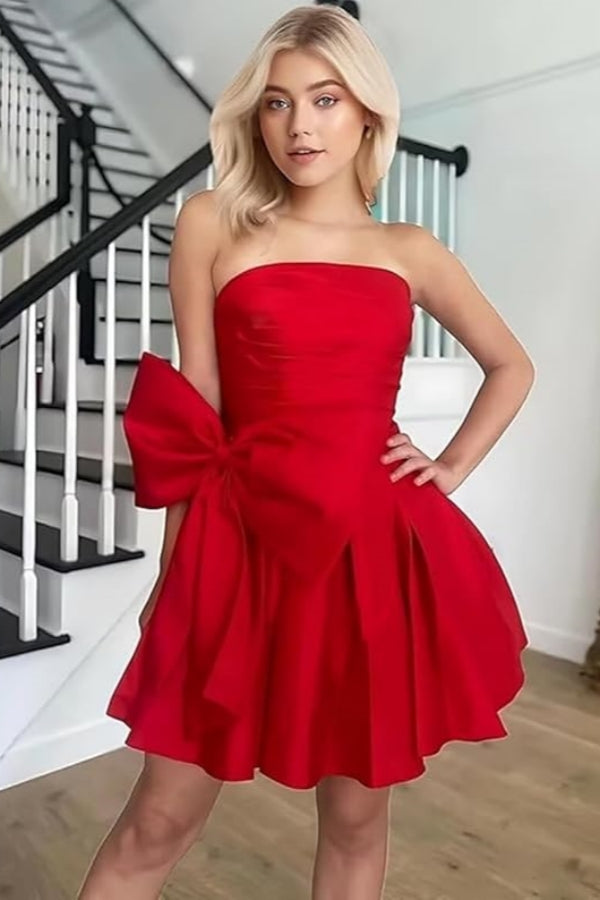 Vestidos de fiesta cortos y elegantes de corte A, sin mangas, sin tirantes, fruncidos, con cordones y lazo