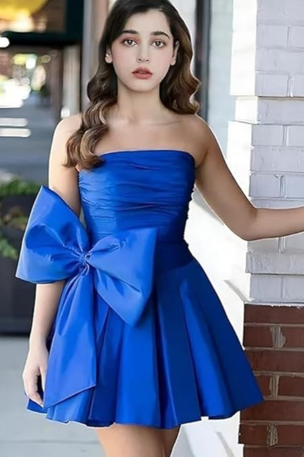 Vestidos de fiesta cortos y elegantes de corte A, sin mangas, sin tirantes, fruncidos, con cordones y lazo