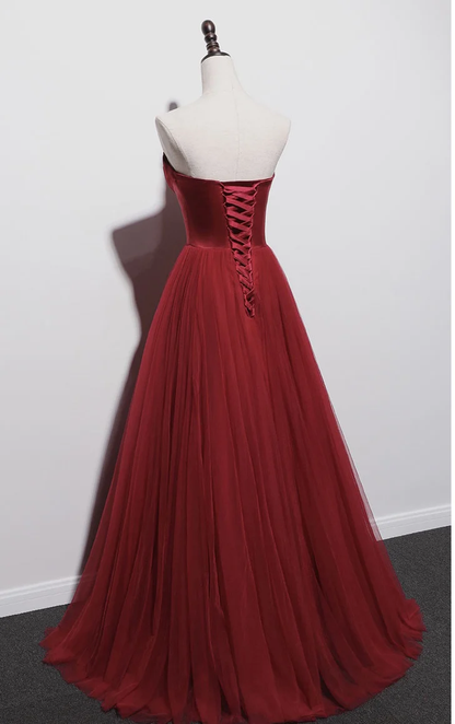 Strapless prom dress,red party dress,charming wedding dress Y1298