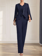 Vestido de gasa para madre de la novia, con escote en V y largo hasta el suelo, de mono/pantalón separado