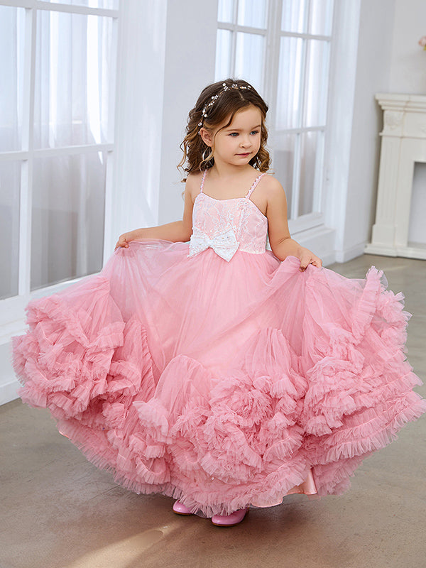 Vestido de niña de las flores rosa largo hasta el suelo de tul con corte en A