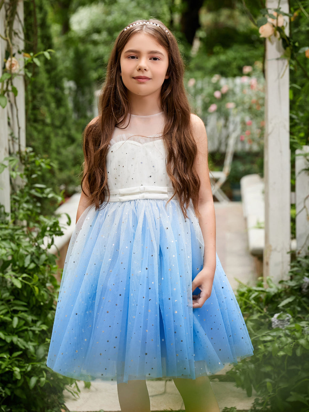 Vestido de fiesta/princesa de tul azul hasta la rodilla para niña de las flores