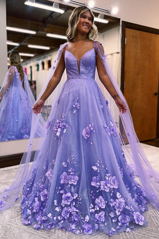 Vestido de fiesta lavanda con encaje floral 3D, corte A y mangas estilo capa 