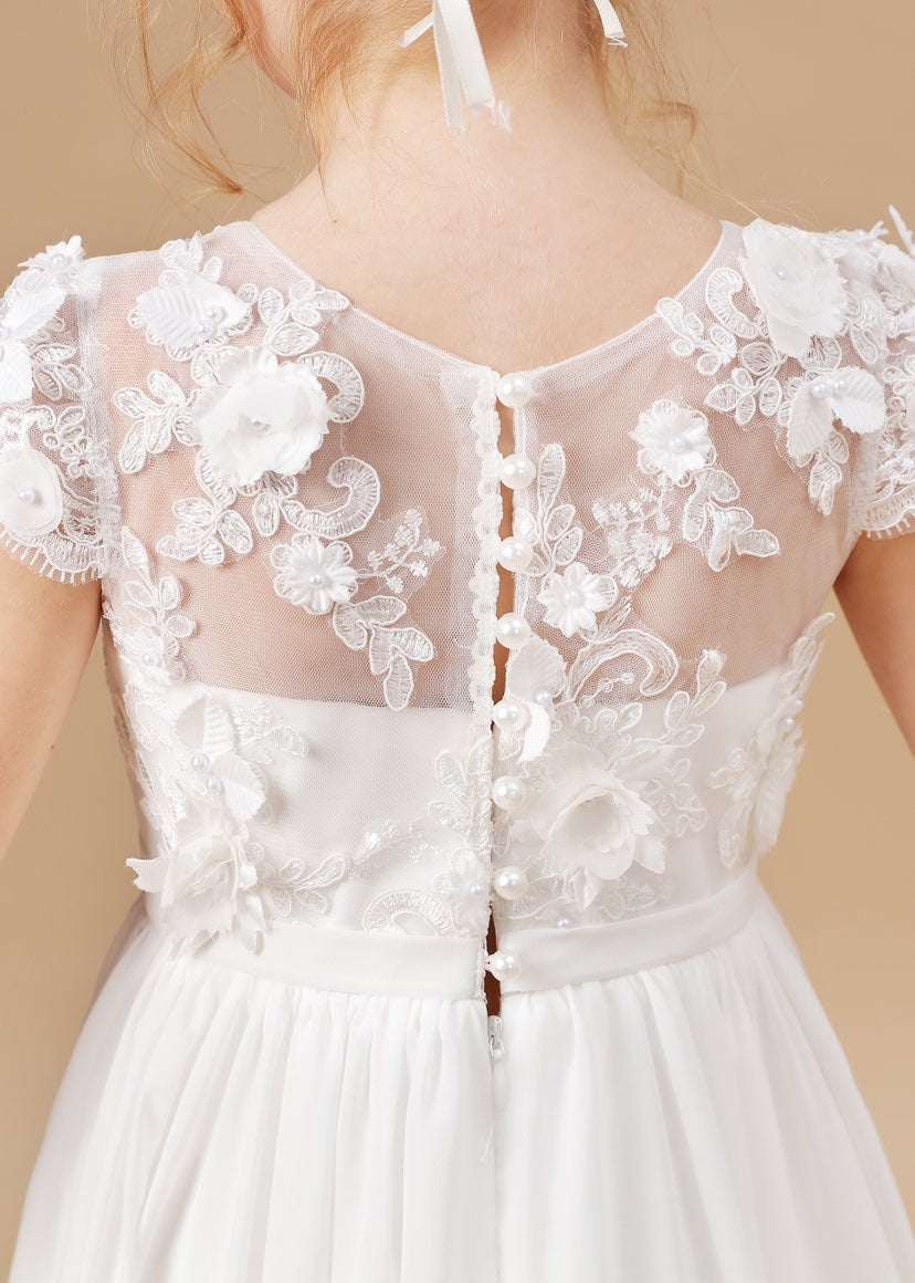 Bodenlanges elfenbeinfarbenes Kleid zur Erstkommunion aus Chiffon und Tüll 