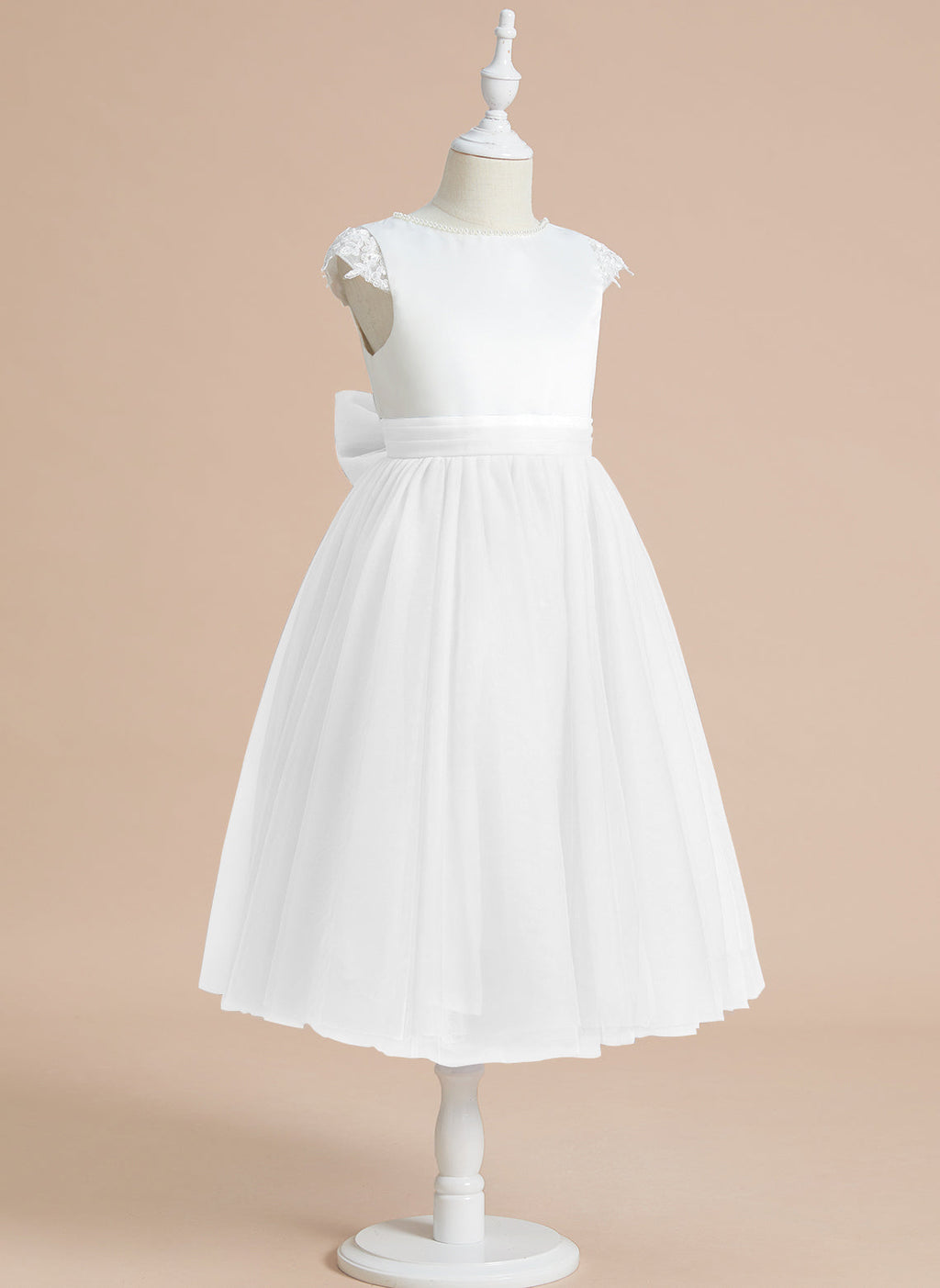 Vestido de niña de las flores de primera comunión de tul satinado con corte en A y largo hasta la rodilla