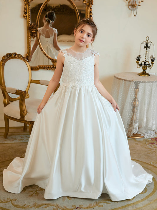 Duchesse-Linie/Princess-Linie Satin Sweep/Pinsel zug Erstkommunion Blumenmädchenkleid 