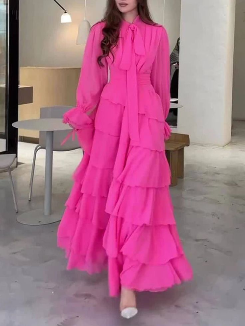 Vestido de fiesta elegante de gasa con capas y volantes empalmados, vestido de noche Y7640