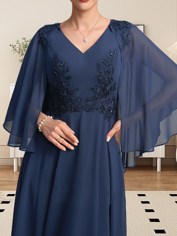 A-Linie V-Ausschnitt Wadenlanges Chiffon-Spitzenkleid für die Brautmutter mit Perlen und Pailletten