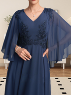 A-Linie V-Ausschnitt Wadenlanges Chiffon-Spitzenkleid für die Brautmutter mit Perlen und Pailletten