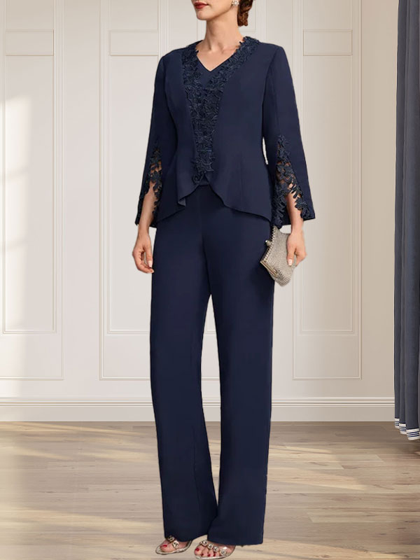Vestido de gasa para madre de la novia, con escote en V y largo hasta el suelo, de mono/pantalón separado