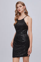 Vestidos de fiesta cortos con lentejuelas negras, tirantes finos y cordones