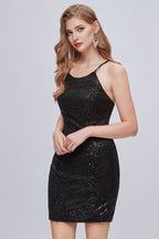 Vestidos de fiesta cortos con lentejuelas negras, tirantes finos y cordones