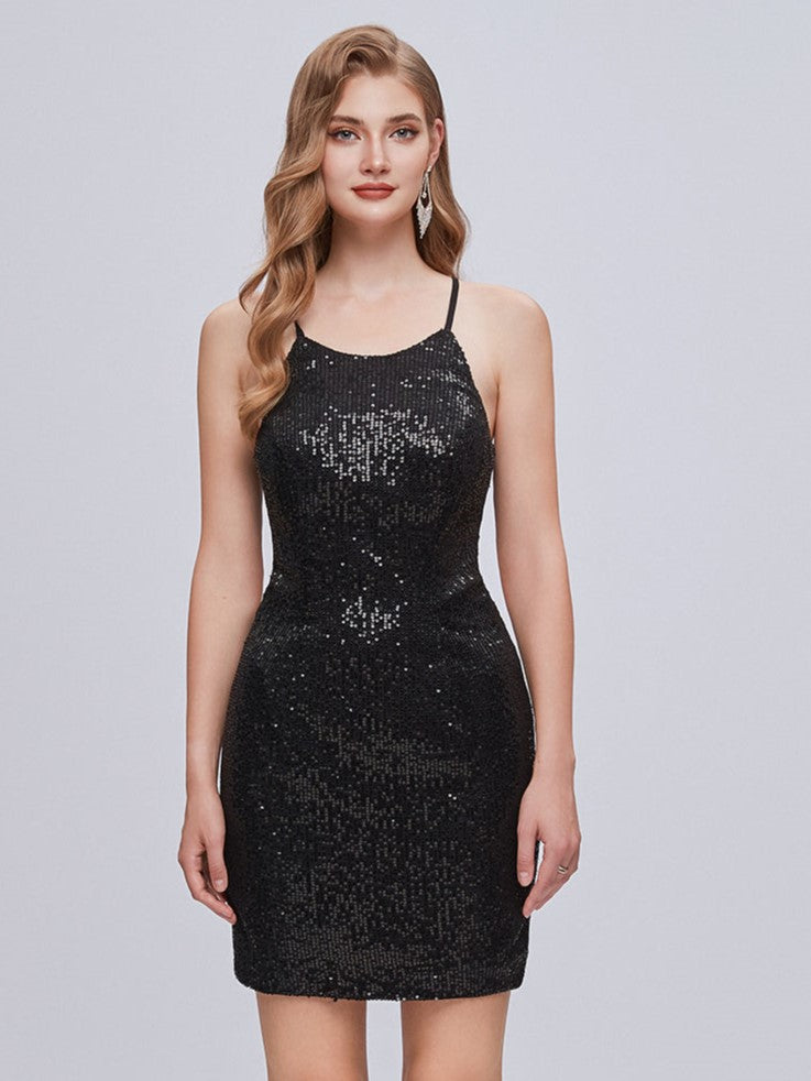 Vestidos de fiesta cortos con lentejuelas negras, tirantes finos y cordones
