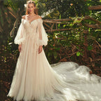 Elegant Sweetheart Neck Puff Long Sleeves Wedding Dress For Women 2023 Backless Tulle Bridal Gown Classic Robe De Mariée-payinti
