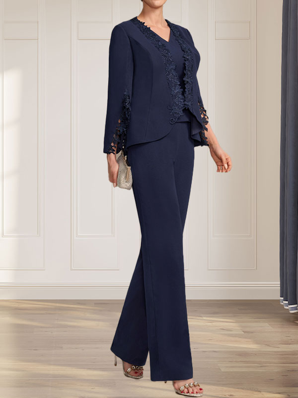 Vestido de gasa para madre de la novia, con escote en V y largo hasta el suelo, de mono/pantalón separado