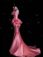 Hübsches rosa Satin 3D Blumen Meerjungfrau Ballkleid Langes Abendkleid Y8339