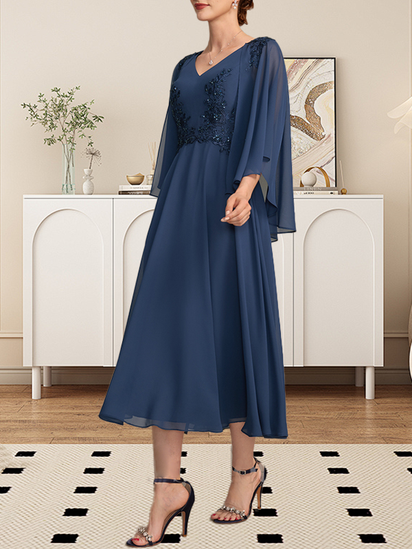 Vestido de gasa con encaje y escote en V para madre de la novia, largo hasta la rodilla, con lentejuelas y abalorios
