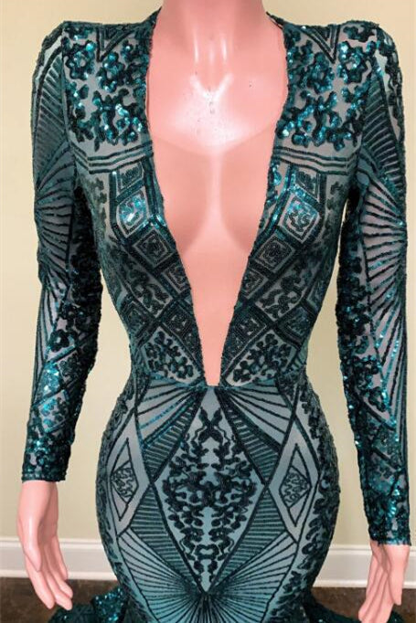 Smaragdgrünes V-Ausschnitt Lange Ärmel Pailletten Spitze Ballkleid Meerjungfrau