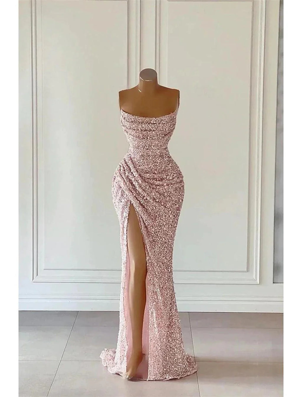 Vestido elegante formal de fiesta largo hasta el suelo sin mangas sin tirantes con lentejuelas y brillo Vestidos de fiesta de lentejuelas