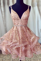 Lindos vestidos de fiesta cortos con lentejuelas rosas y escote en V y cuentas.
