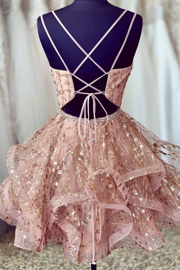 Lindos vestidos de fiesta cortos con lentejuelas rosas y escote en V y cuentas.