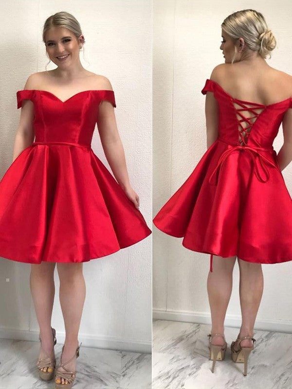 Vestidos de fiesta cortos y sencillos, de satén, corte A y hombros descubiertos, para el regreso a casa. 