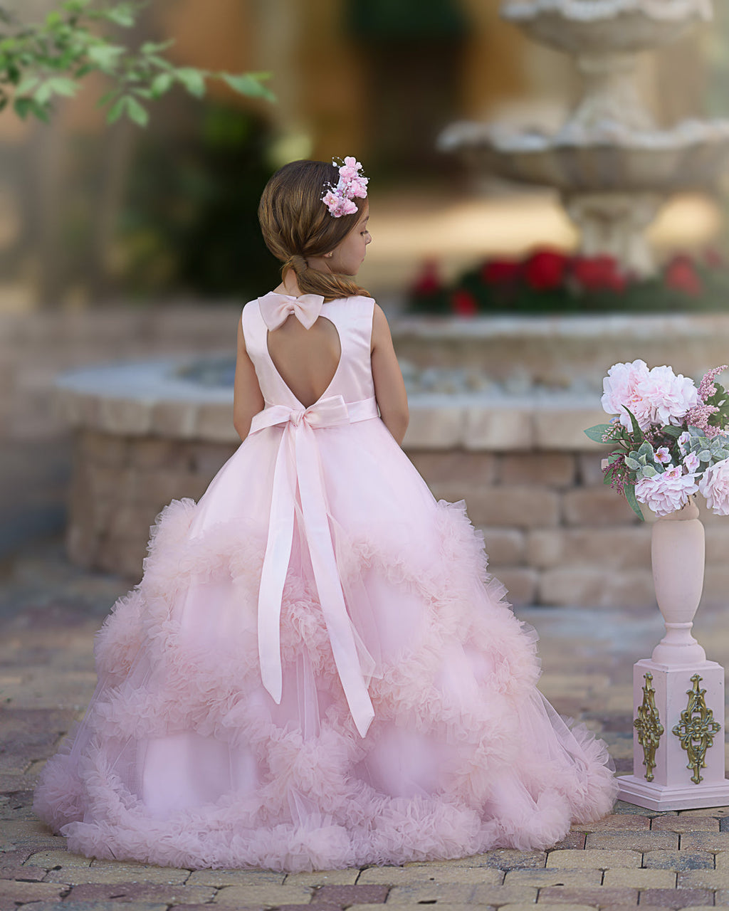 A-Linie Satin Tüll Bodenlang Kaskadierende Rüschen Blumenmädchenkleid