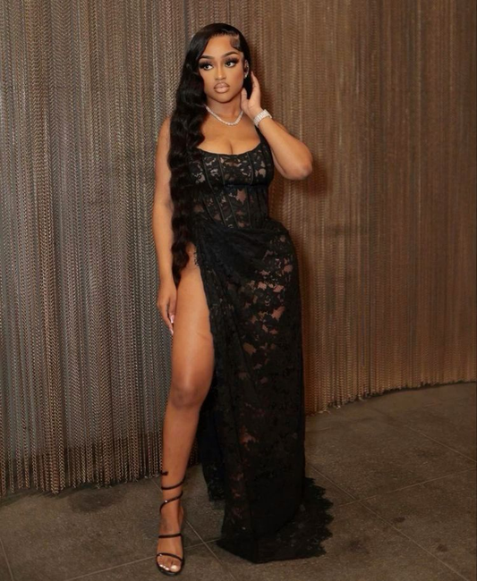 Sexy schwarzes durchsichtiges langes Abendkleid aus Spitze Y4235
