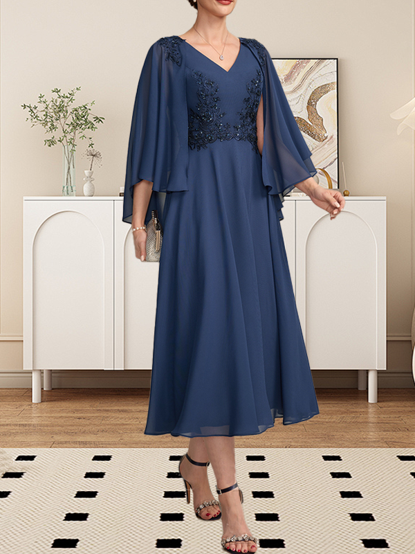 A-Linie V-Ausschnitt Wadenlanges Chiffon-Spitzenkleid für die Brautmutter mit Perlen und Pailletten