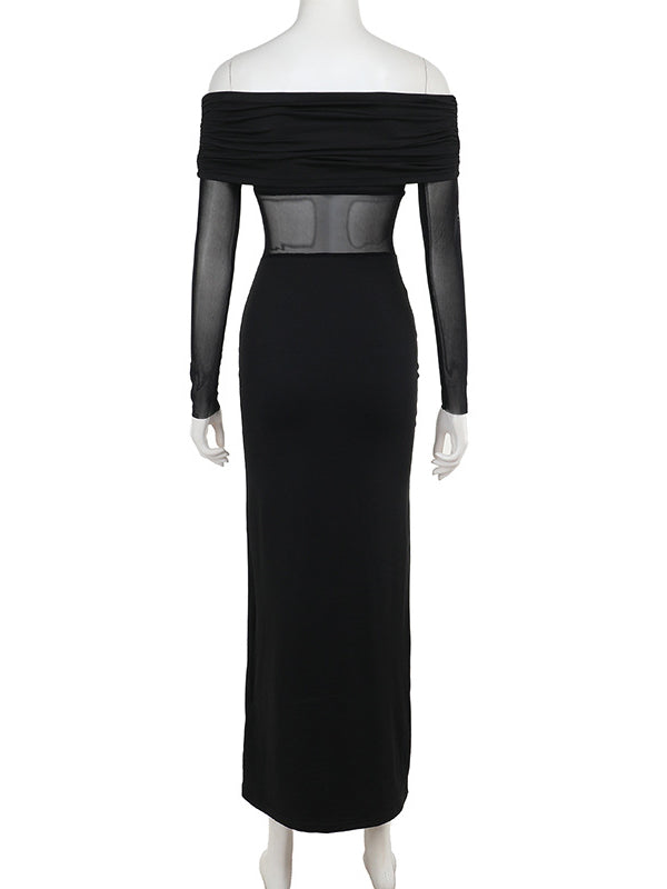 Long Sleeves Skinny Pleated See-Through Solid Color Split-Joint Off-The-Shoulder Evening Dresses Maxi Dresses