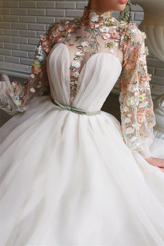 White Long Sleeves A-line High Neck Tulle Flower Mermaid Prom Dresses with Slit
