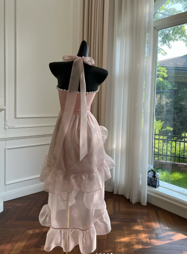 Einfaches Neckholder Rosa Tüll Perlen Perlen High-Low Rüschen Homecoming Kleid Partykleid Y8582