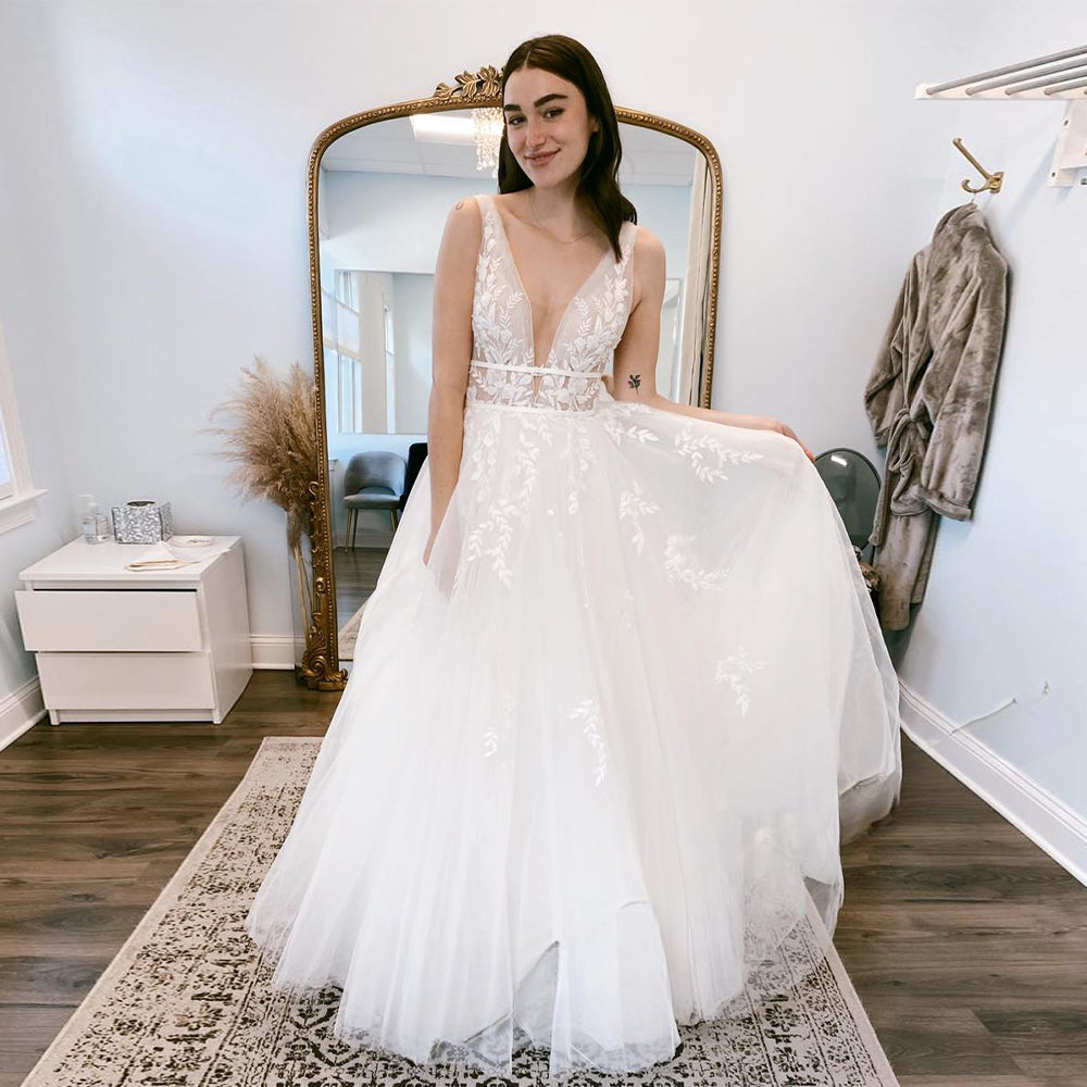 Pastrol Wedding Dresses V-neck Backless Tulle For Women 2023 Bride A-LINE Appliques Vestidos De Novia Made To Order-payinti
