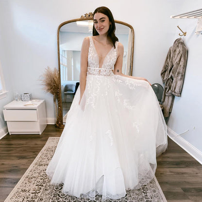 Pastrol Wedding Dresses V-neck Backless Tulle For Women 2023 Bride A-LINE Appliques Vestidos De Novia Made To Order-payinti