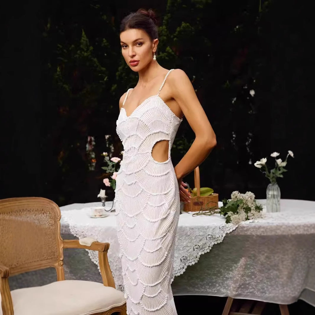 Pearl Embellished Strapless Bandage Prom Dress