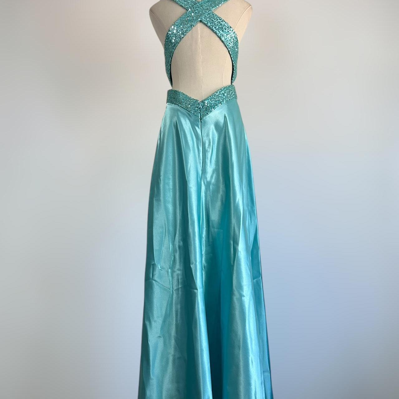 Vestido de noche azul con escote en V, satén y lentejuelas, vestido formal de fiesta, sin espalda, Y8548