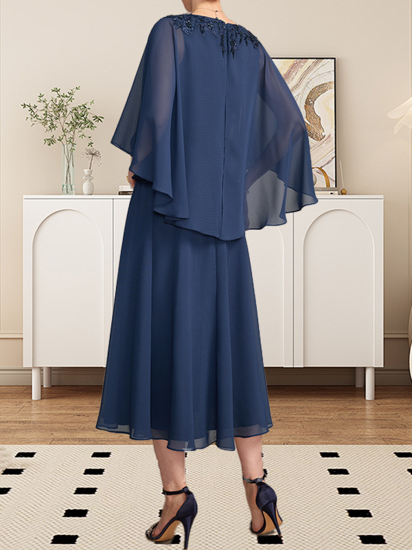 A-Linie V-Ausschnitt Wadenlanges Chiffon-Spitzenkleid für die Brautmutter mit Perlen und Pailletten