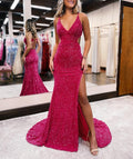 Vestido de fiesta de sirena con escote en V y abertura en rojo brillante