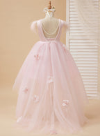 Prinzessin Ärmelloses Tüll Blumenmädchenkleid mit Perlen und Federschleife (010224704) 