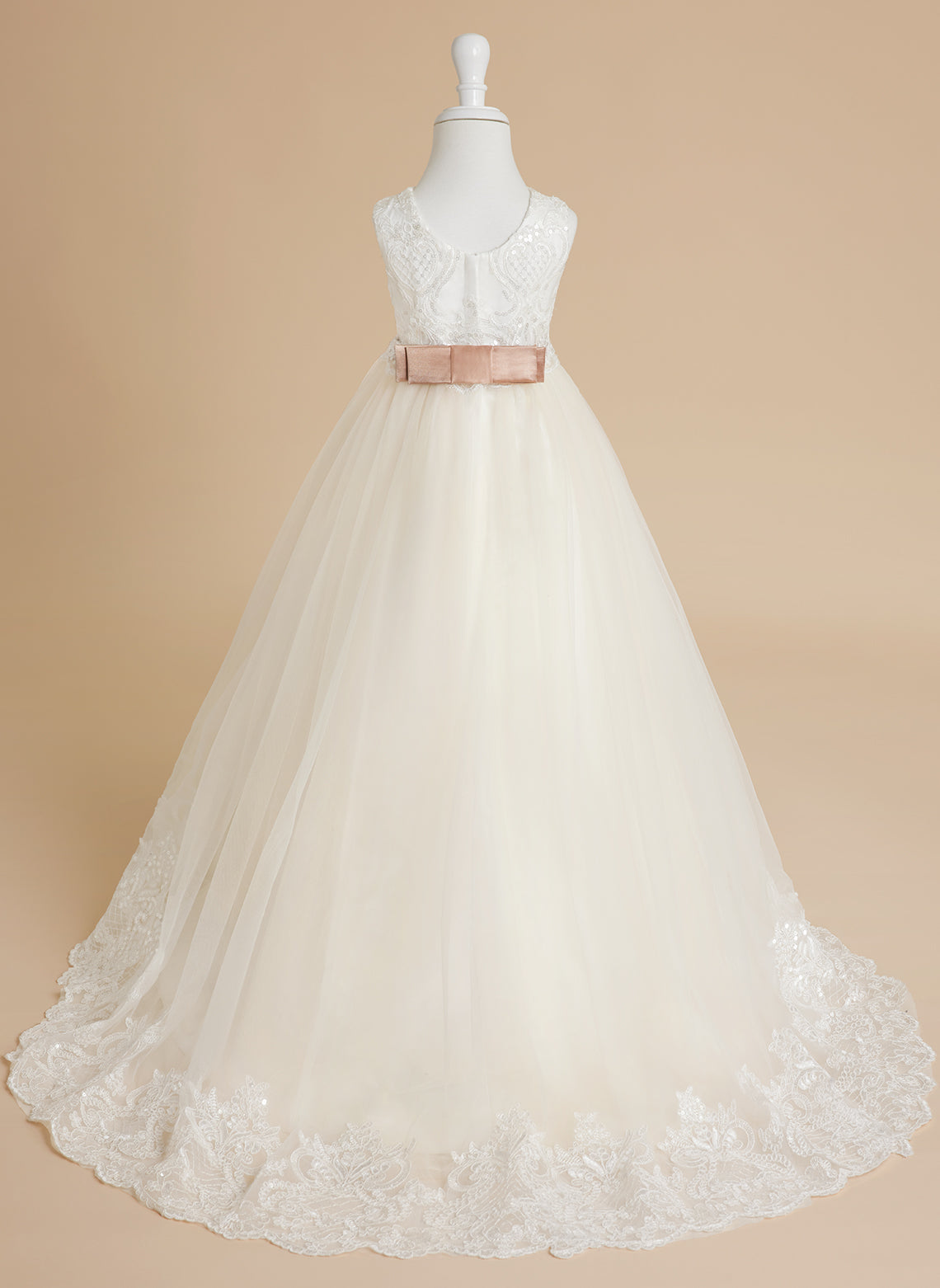 Vestido de fiesta/princesa de tul con cola larga color marfil para niña de las flores
