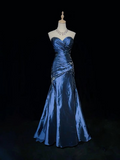 Sexy Strapless Mermaid Beaded Evening Gown Blue Sweetheart Satin Prom Dress Y7928