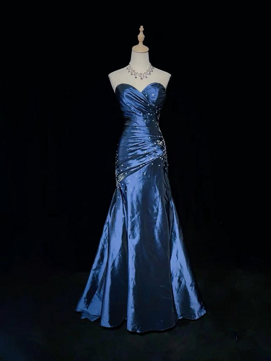 Sexy Trägerloses Meerjungfrau Abendkleid mit Perlen Blau Sweetheart Satin Ballkleid Y7928