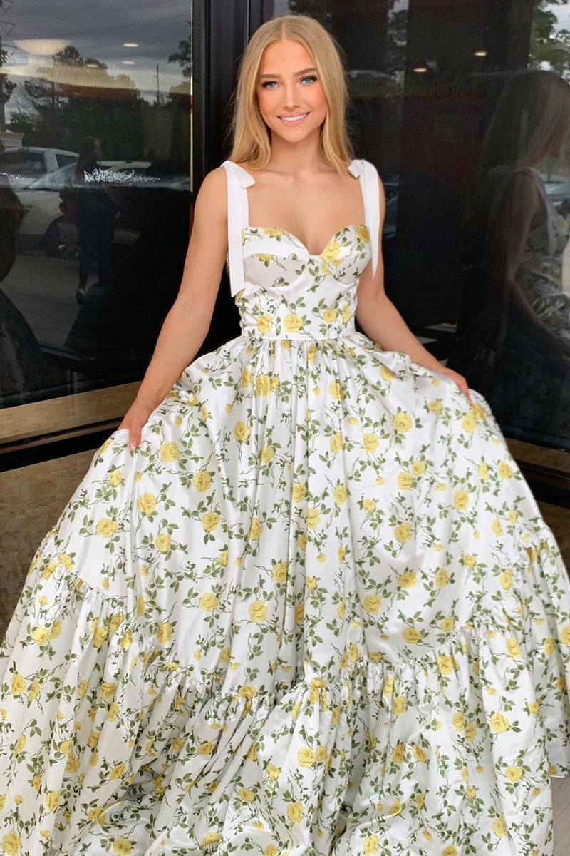 Vestidos de fiesta largos de satén con estampado floral y escote en forma de A