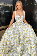 Vestidos de fiesta largos de satén con estampado floral y escote en forma de A
