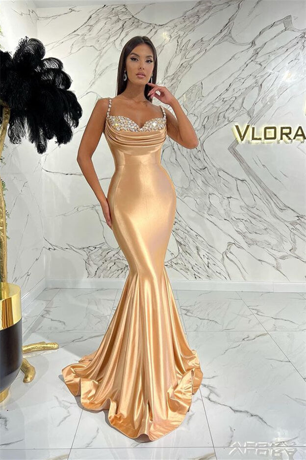 Langes Meerjungfrau-Abendkleid aus Satin mit Spaghettiträgern und Herzausschnitt