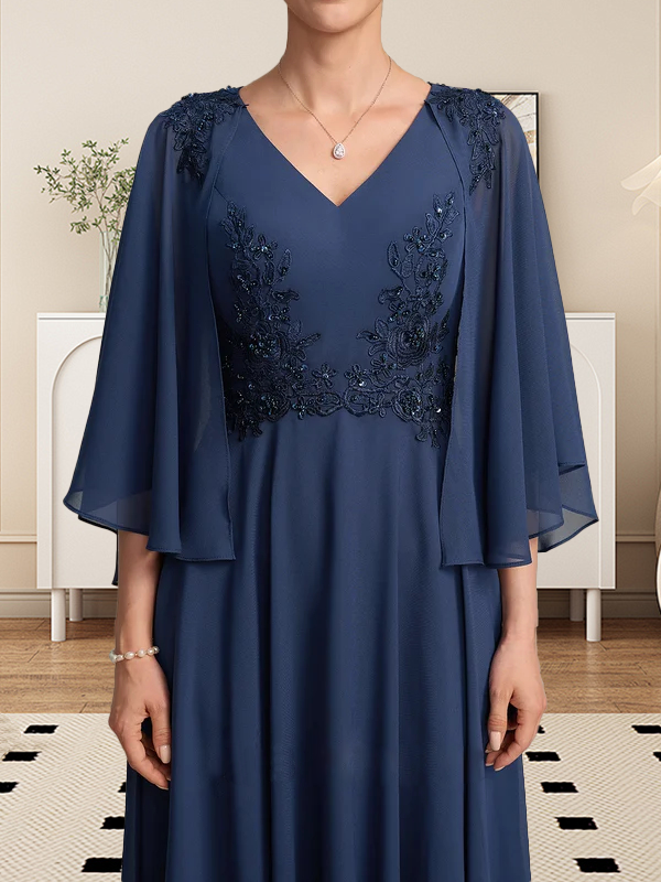 A-Linie V-Ausschnitt Wadenlanges Chiffon-Spitzenkleid für die Brautmutter mit Perlen und Pailletten