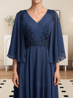 A-Linie V-Ausschnitt Wadenlanges Chiffon-Spitzenkleid für die Brautmutter mit Perlen und Pailletten