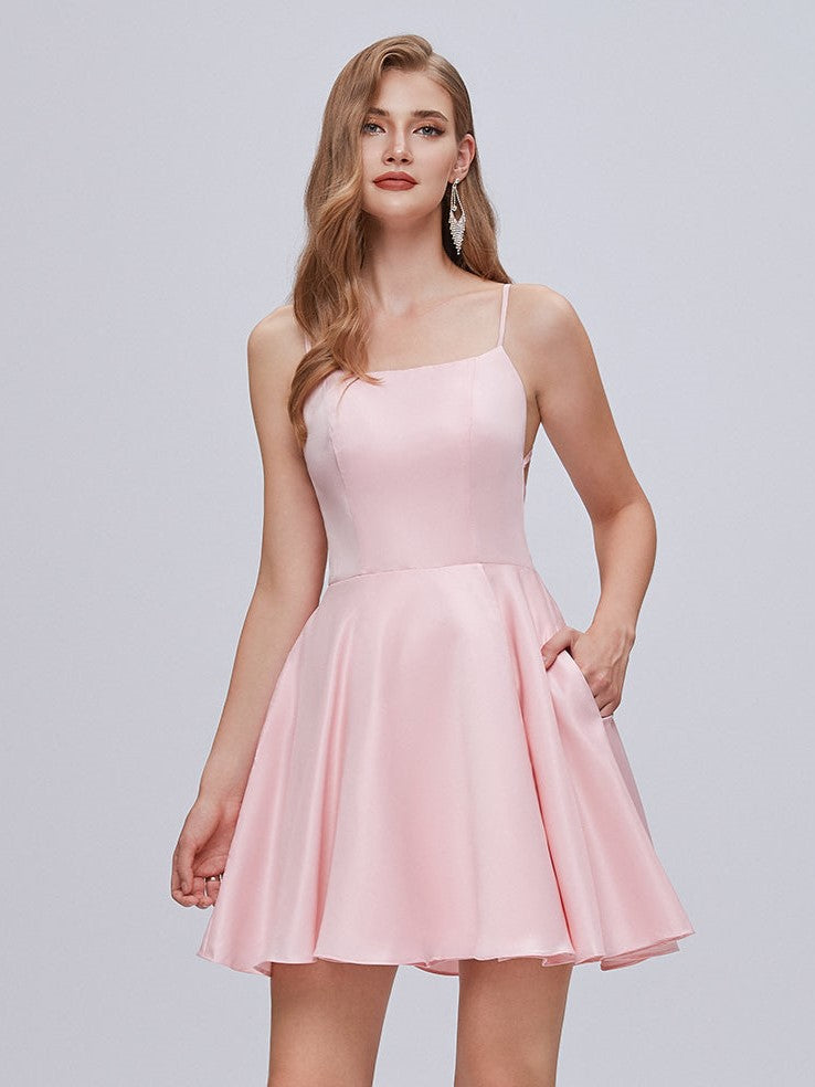 Spaghettiträger A-Linie Rückenfreies kurzes Homecoming-Kleid