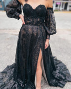 Trina | Vestidos de fiesta largos con lentejuelas negras, corte en A y escote corazón