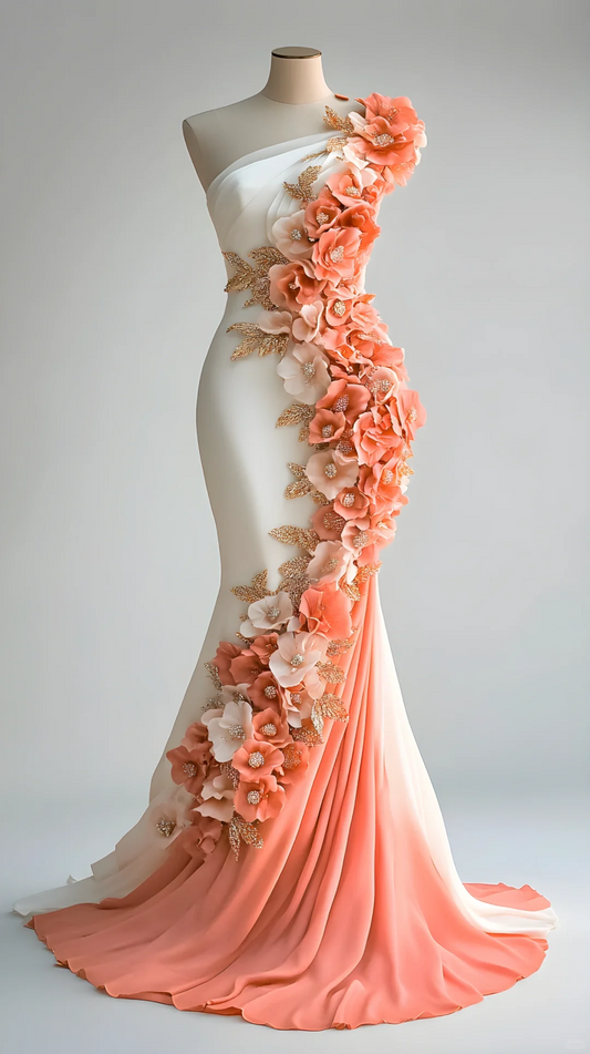 Vestido de fiesta de gasa con apliques de peonías y corte sirena, vestido de noche largo Y8566